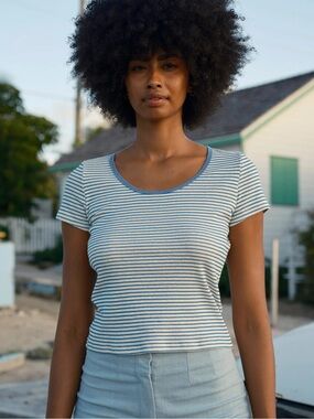 Mollusk Scoop Ribsy Tee in Blue Stripe, size Large